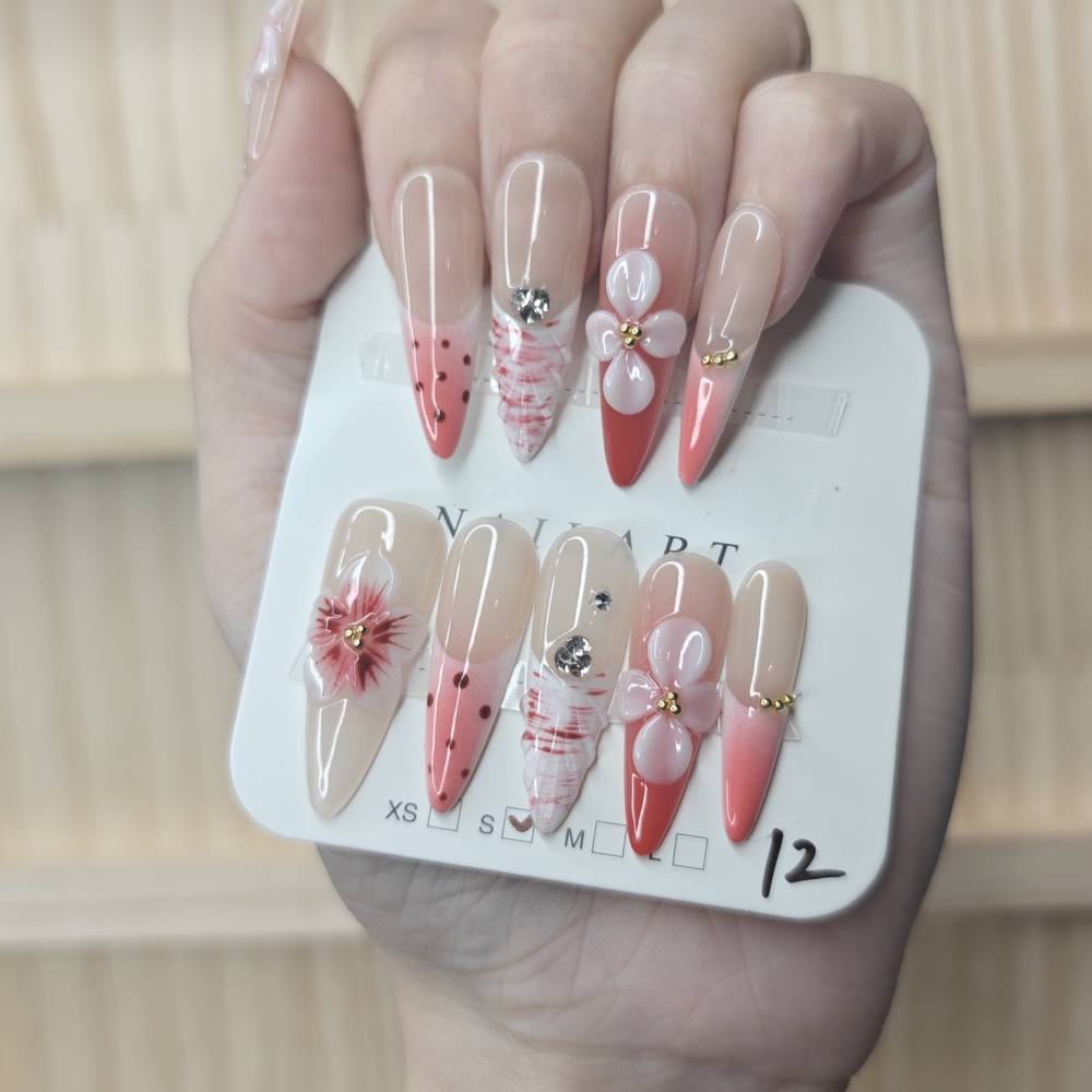 Elegant Pink and Red Floral Stiletto Handmade Press On Nails Set - Picture 4 of 12